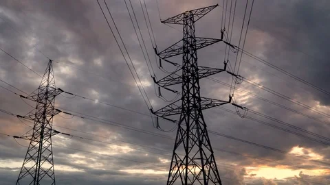 Silhouette of high voltage electrical pole structure Stock Footage 99778728