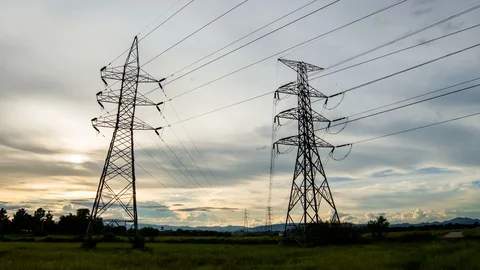 Silhouette of high voltage electrical pole structure Video stock 100279918