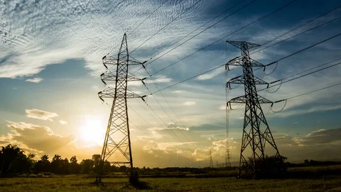 Silhouette of high voltage electrical pole structure Stock Footage 100280767