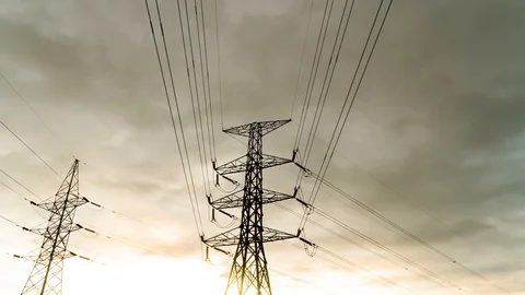 Silhouette of high voltage electrical pole structure Stock Footage 100310066