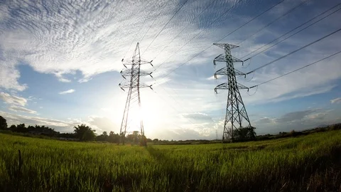 Silhouette of high voltage electrical pole structure Stock Footage 100315309