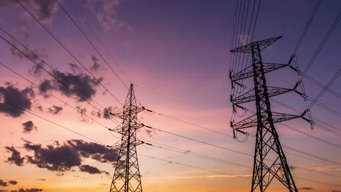 Silhouette of high voltage electrical pole structure Stock Footage 100432380