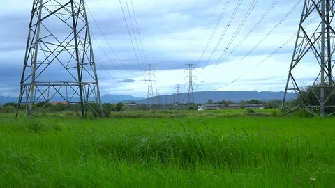 Silhouette of high voltage electrical pole structure Stock Footage 100456420