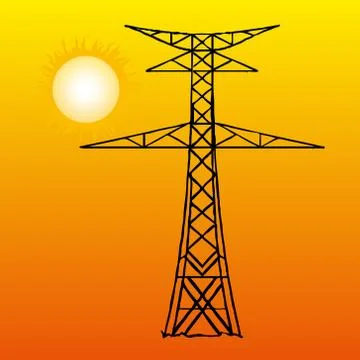 Silhouette of high voltage power lines on orange background. Vector illustrat Stock Illustration