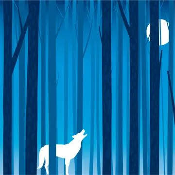 Silhouette of the howling wolf in night forest with a moon. Stock Illustration