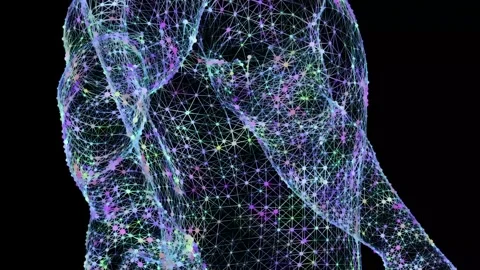 The silhouette of the human body from head to toe, woven from multi-colored neon Stock Footage 171036320