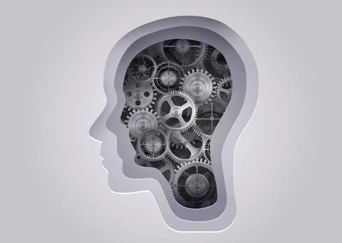 Silhouette of a human head with cogs. Concept of mental health and psychology. Stock Illustration