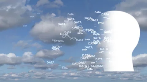 Silhouette of human head with Data Flow and Cloud Sky Background Stock Footage 338192296