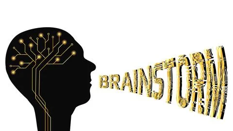 Silhouette of human head with digital brain and word brainstorm from the mouth Stock Illustration