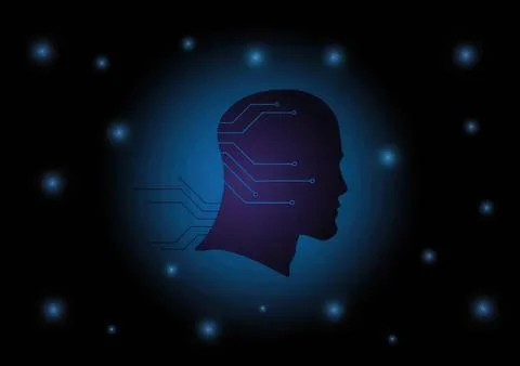 Silhouette of a human head with digital circuit lines and glowing background Stock Illustration