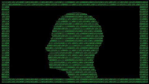 Silhouette of human head filled with binary code on black background Stock Footage 313518635