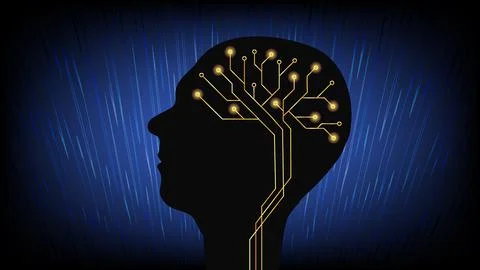 Silhouette of human head in profile with brain made of circuit board tracks Stock-Illustration