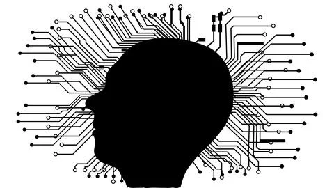 Silhouette of human head in profile with circuit board tracks isolated on white Stock Illustration