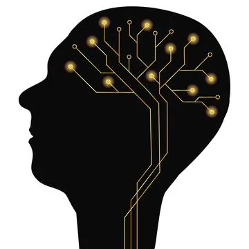 Silhouette of human head in profile with digital brain made of circuit board  Stock-Illustration