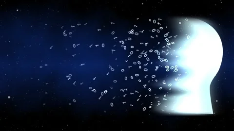 Silhouette of Human Head Releasing Binary Data into the Universe Stock Footage 338192299