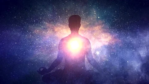 Silhouette Human Meditating with Shining Star in Space, New Age, Loop Stock Footage