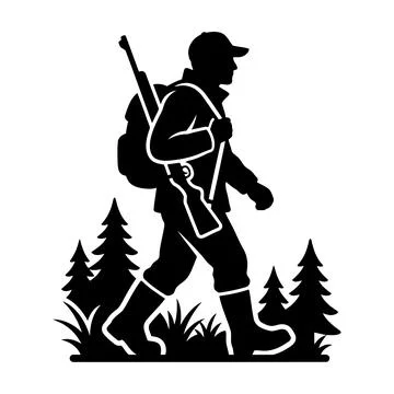 Silhouette of a Hunter Carrying a Rifle While Hiking Through a Pine Forest 스톡 일러스트