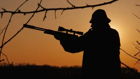 Silhouette of a hunter, hunts down a game in the forest, takes aim Stock Footage 125361323