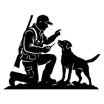 Silhouette of a hunter training his loyal dog in an outdoor field setting Illustration