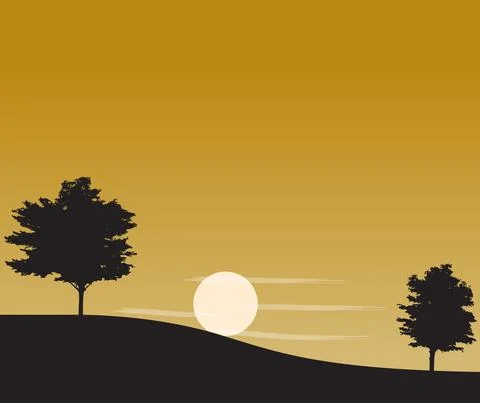 Silhouette illustration. The ground slopes down with 2 trees (black). Stock Illustration