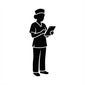 Silhouette Illustration of a Nurse Using a Digital Tablet for Medical Records Illustrazione stock