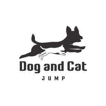 Silhouette Illustration Vector Template Jumping together Dog and Cat, pet lov Stock Illustration