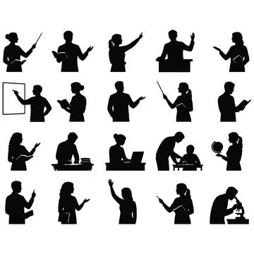 Silhouette illustrations of educators and students in a classroom learning .. Ilustração Stock