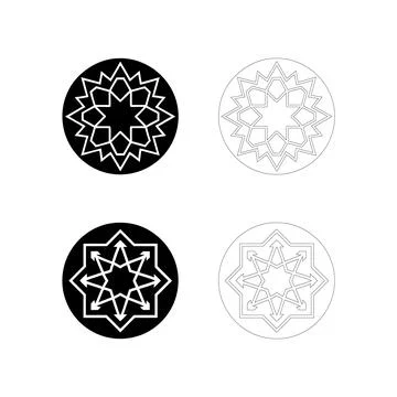 Silhouette of Islamic geometric star pattern inside a circle, bold black vect Stock Illustration