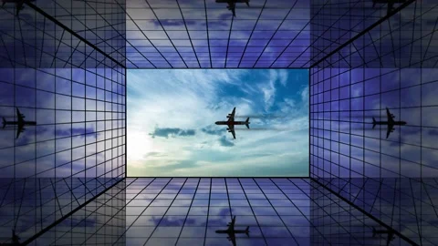 Silhouette of jet in cloudy sky reflected by glass buildings Vídeos de archivo 144436850