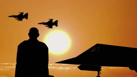 Silhouette of a Jet Pilot and Fighter at Sunset Stock Footage