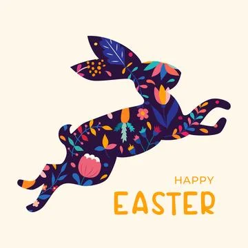 Silhouette of jumping Easter bunny with flower decorations. Happy Easter. Bun Stock Illustration