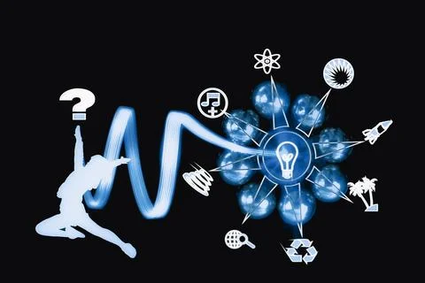 Silhouette jumping towards light bulb connected with icons on black backgroun Stock Illustration
