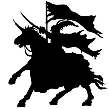The silhouette of a knight on a horse with a flag in his hand, makes a gesture o Stock Illustration