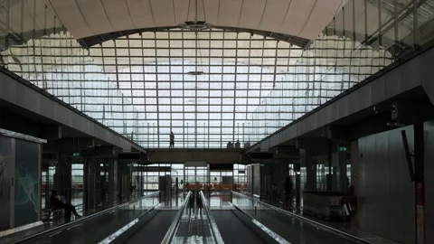 Silhouette landscape interior view inside airport departure hall terminal i.. Stock Footage 279214136