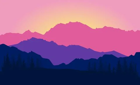 Silhouette landscape mountains trees Stock Illustration