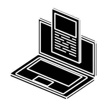 Silhouette of laptop computer with document isolated icon Stock Illustration