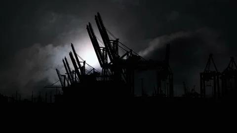 Silhouette of Large Container Cranes at the Hamburg Port Stock Footage 239752354