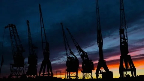 Silhouette of Large Container Cranes at the Hamburg Port Stock Footage 239941306
