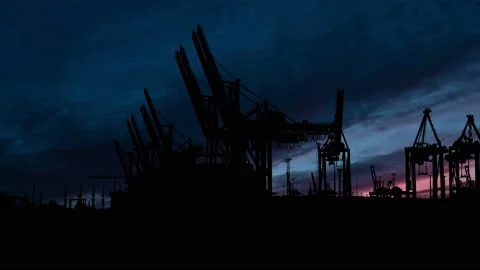 Silhouette of Large Container Cranes at the Hamburg Port Stock Footage 239941388