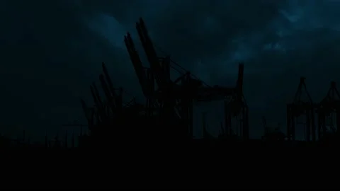 Silhouette of Large Container Cranes at the Hamburg Port Stock Footage 240010210