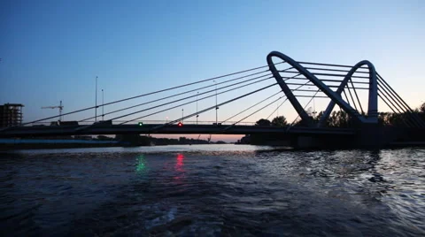 Silhouette Lazarevsky bridge is new cable-stayed axle across Malaya Nevka in Stock Footage