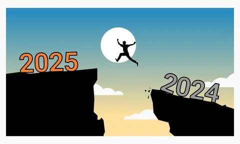 A silhouette leaps between cliffs labeled 2024 and 2025 against a sunrise, Stock Illustration
