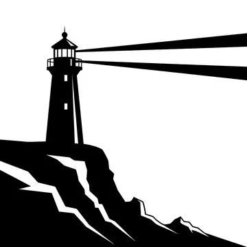 Silhouette of a lighthouse at sunset with dramatic sky and rocky shoreline Stock-Illustration