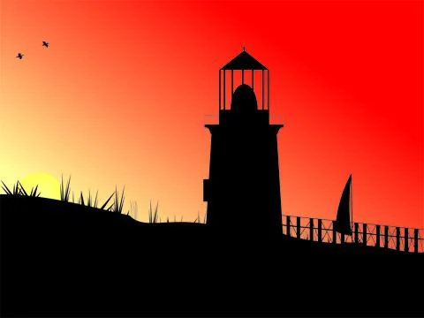 Silhouette of lighthouse at sunset Stock Illustration