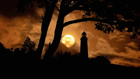 Silhouette Lighthouse Tower on Hill Cliff Coast Stock Footage 239976704