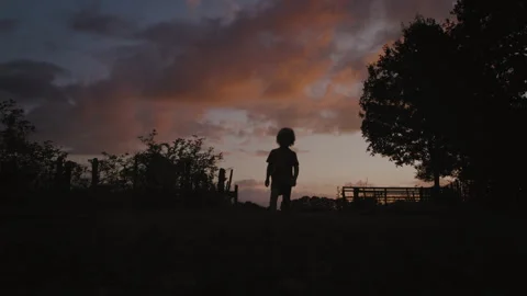 Silhouette of Little Boy after sunset Stock Footage 262575392