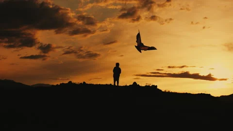Silhouette of a little boy flying a kite at sunset. Stock Footage 281262356