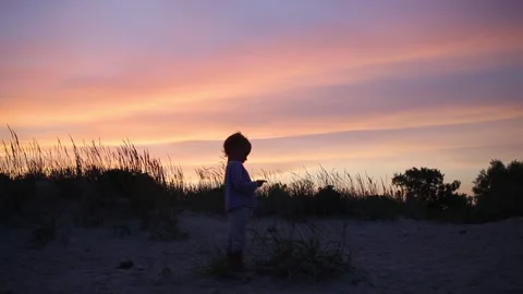 Silhouette of little boy stand at dramatic purple sunset sky background Stock Footage 151118219
