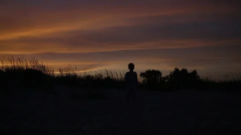 Silhouette of little boy walking at evening Stock Footage