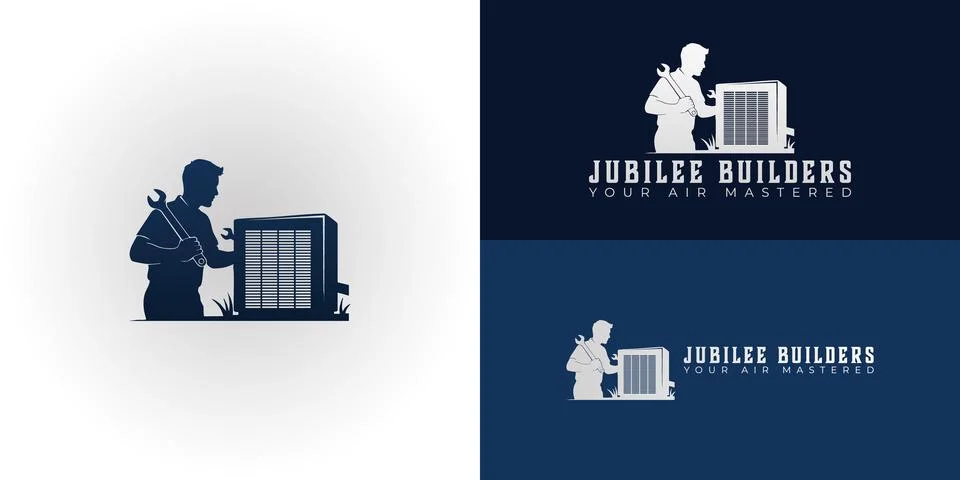 The silhouette logo features a technician servicing an air conditioning unit Stock Illustration